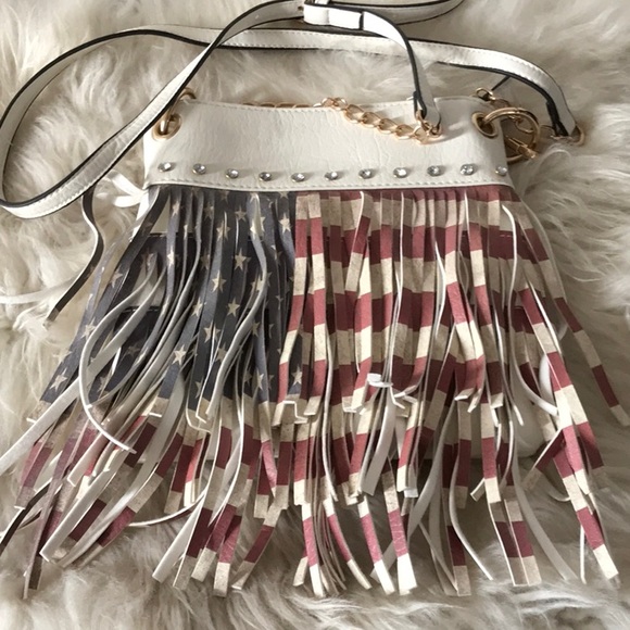 NWT Americana red white blue purse fringes vegan leather zipper compartments - Picture 6 of 12